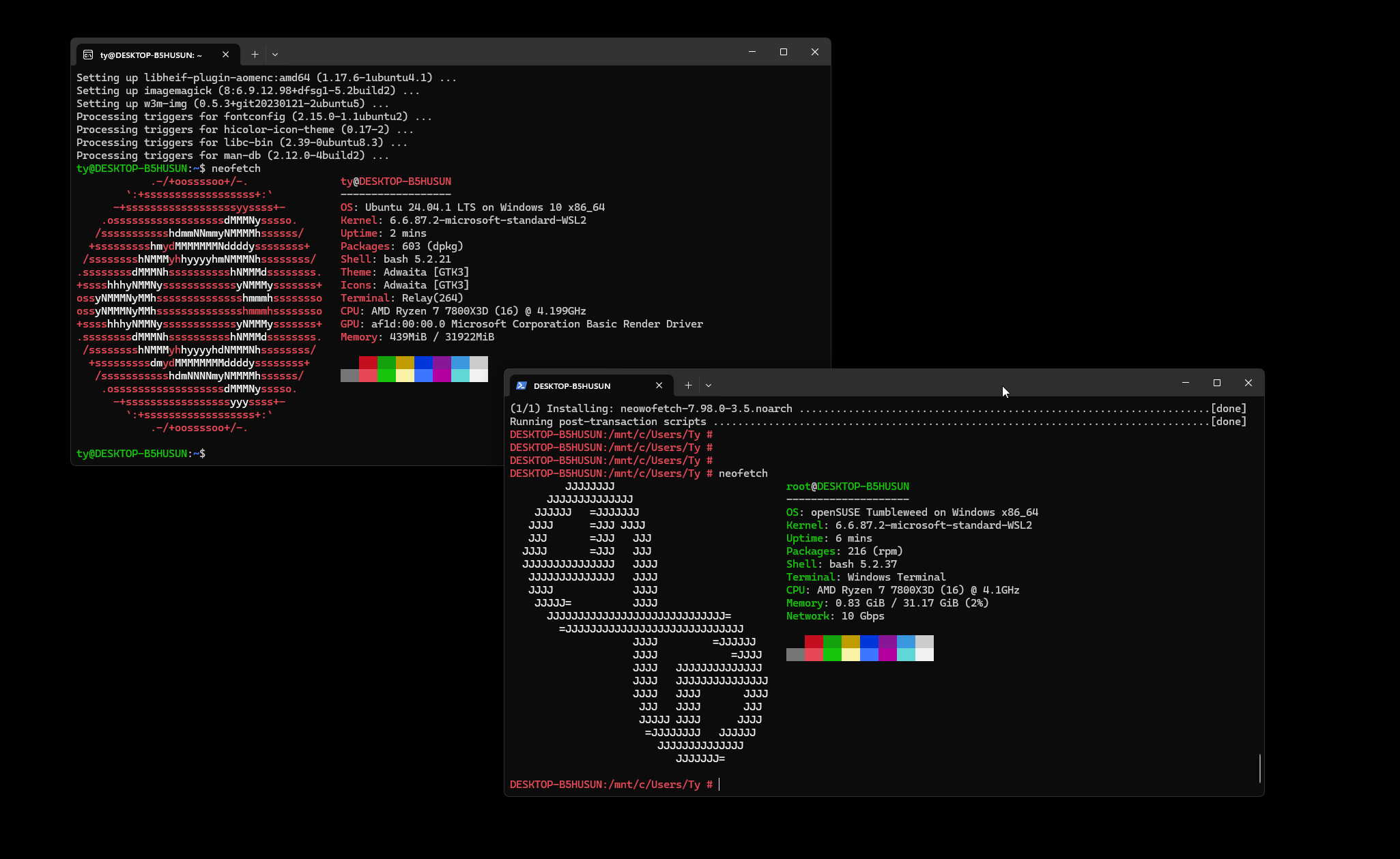A screenshot of neofetch on a couple of WSL instances