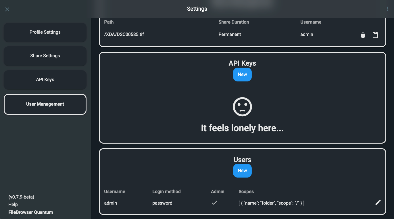 filebrowser quantum - settings