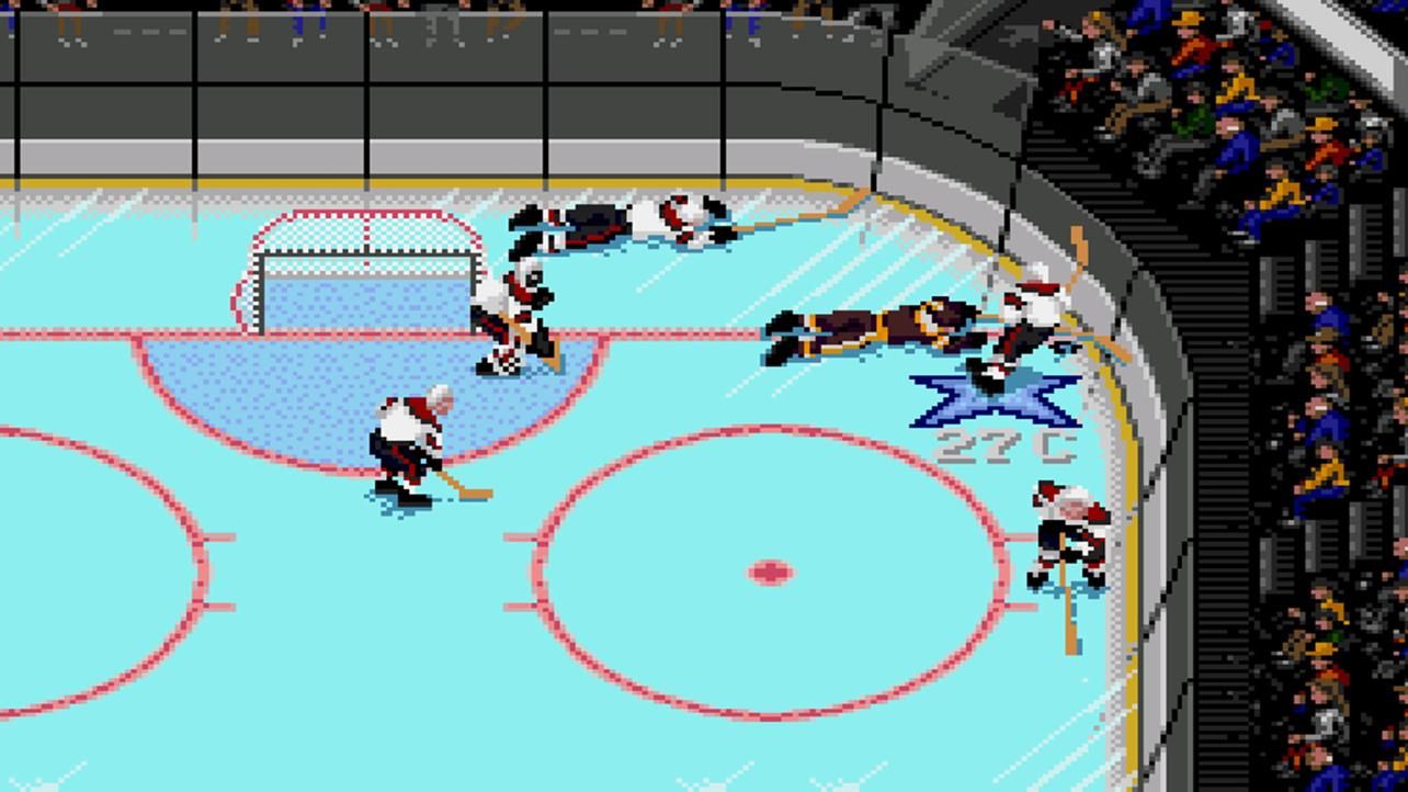 NHL 94 gameplay showing some players knocked over