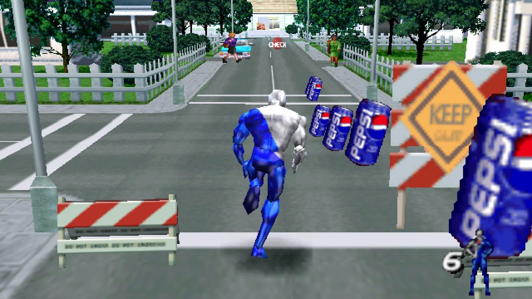 Pepsiman running down a street collecting pepsi