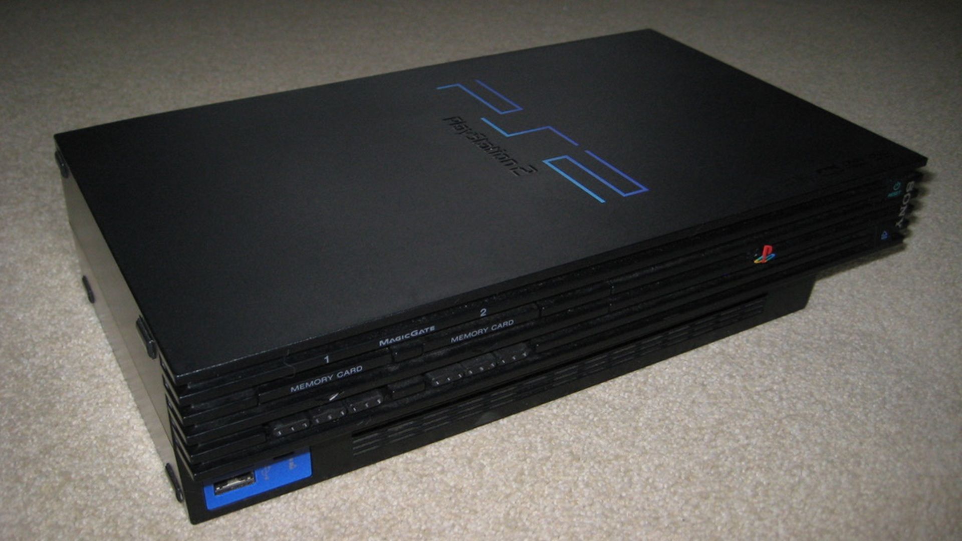 A picture of the first model of the PlayStation 2