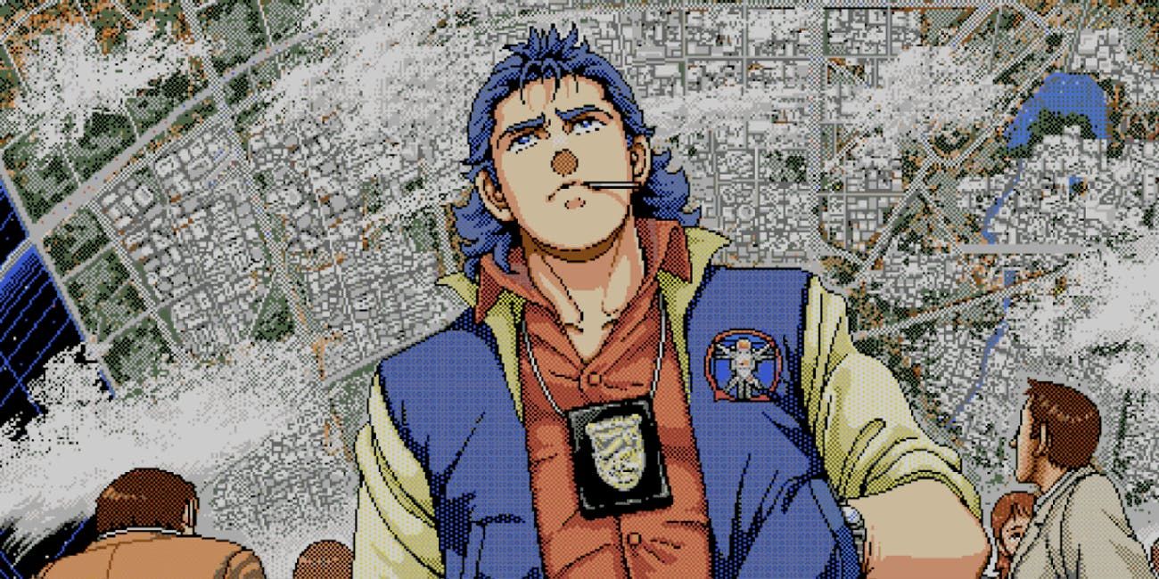 policenauts main character with the colony map behind him