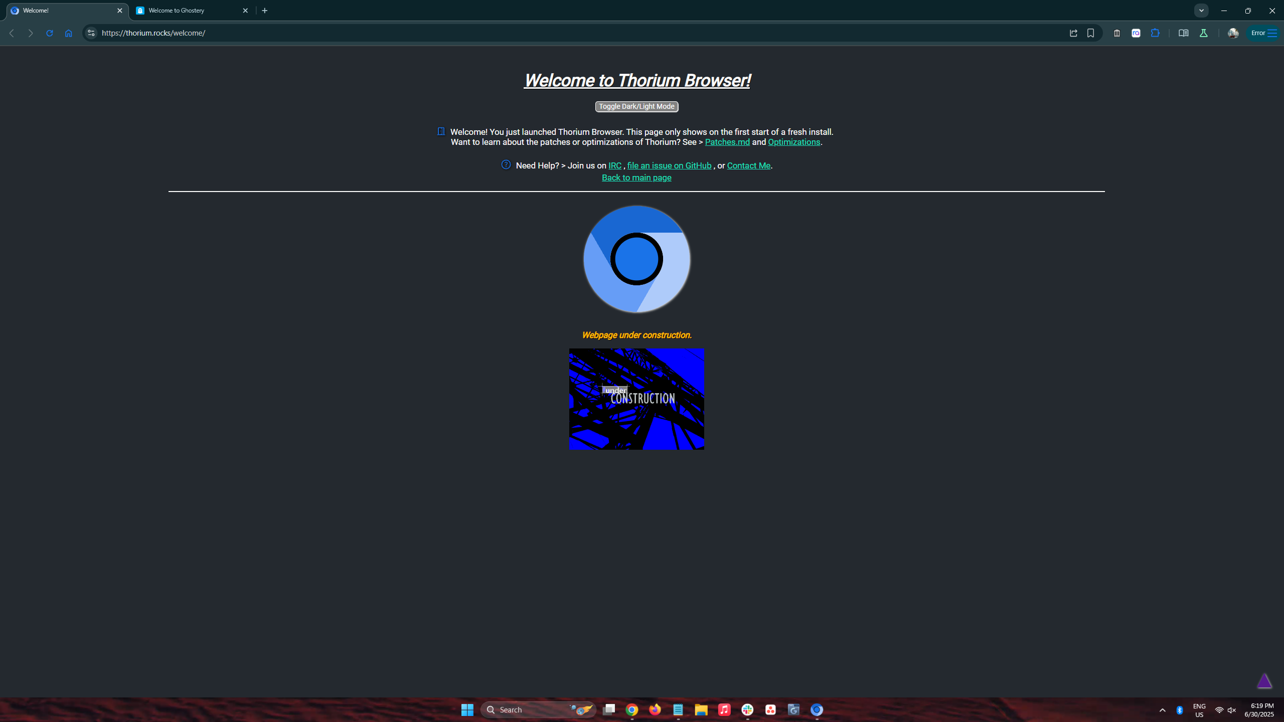Thorium Browser's start page