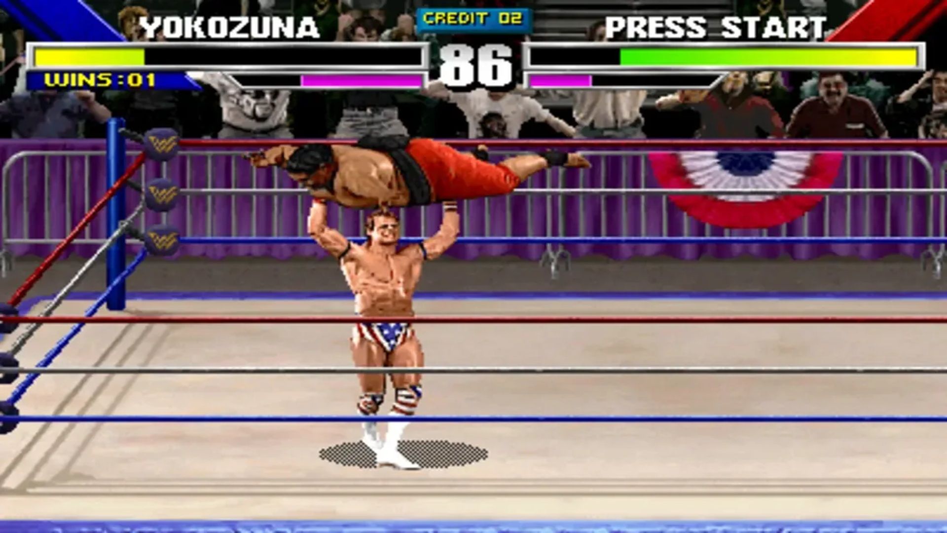 A screenshot of gameplay from WWF WrestleMania: The Arcade Game