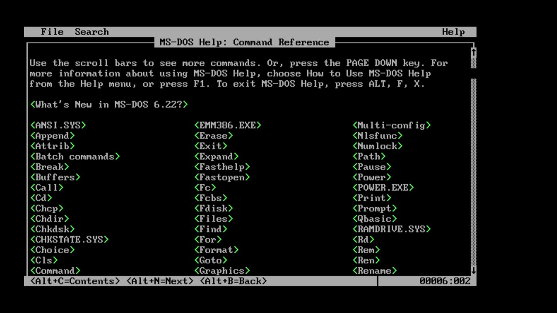 MS-DOS 6.22 help screen