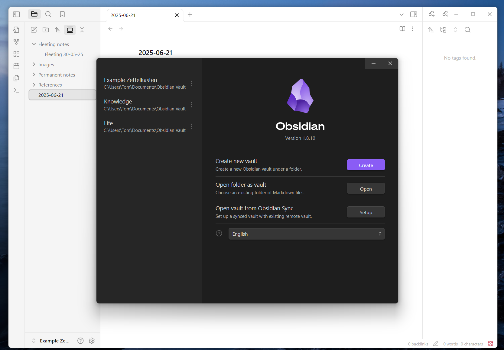 A screenshot of Obsidian's Vault manager.