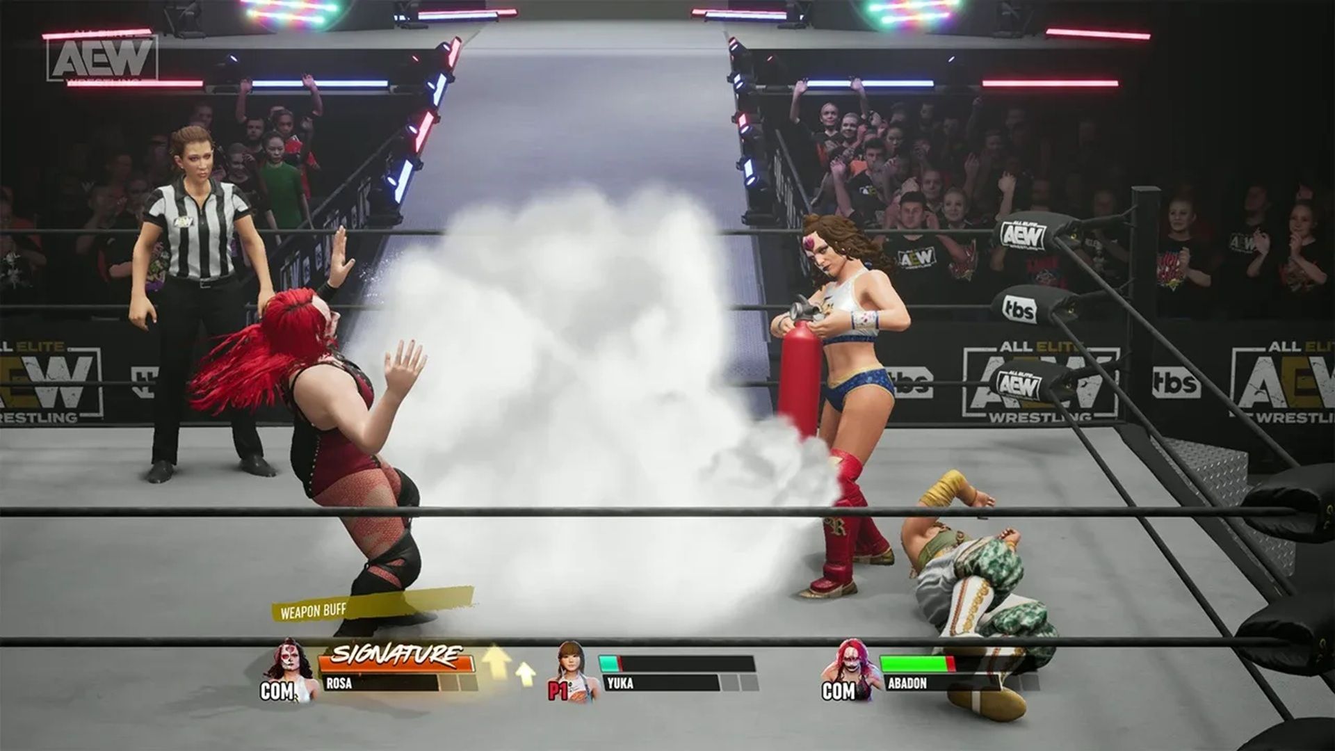 A screesnhot of a triple threat match in AEW: Fight Forever