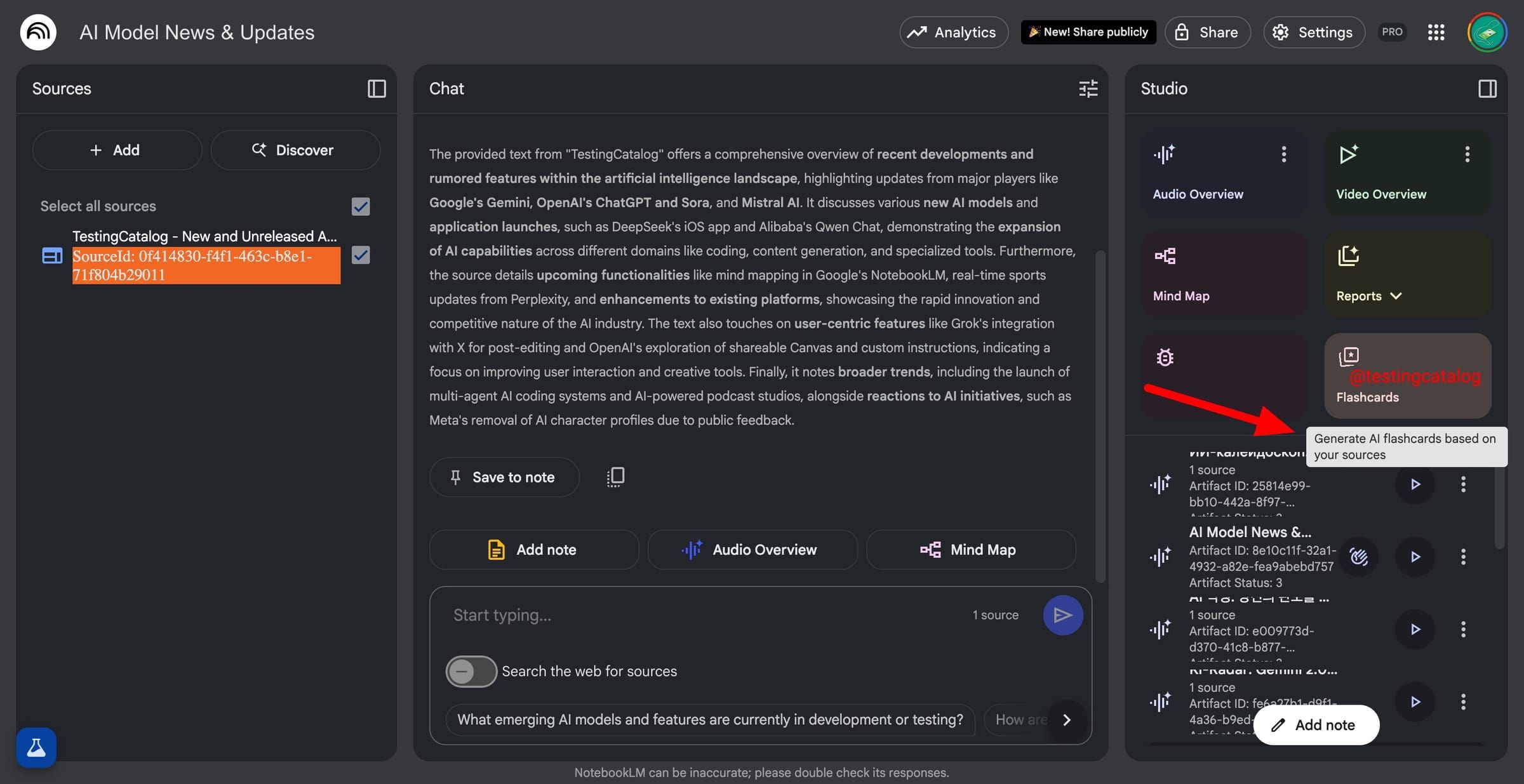 Flashcards feature in NotebookLM