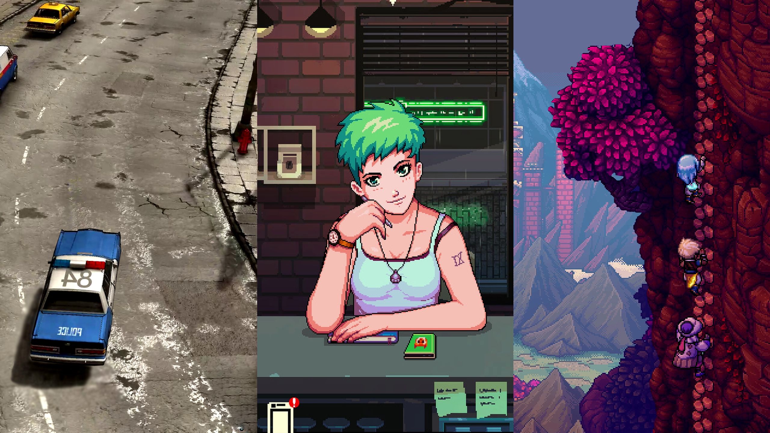 Best indie games to buy during the Steam Summer sale, showing glimpses from The Precinct, Coffee Talk, and Sea of Stars.