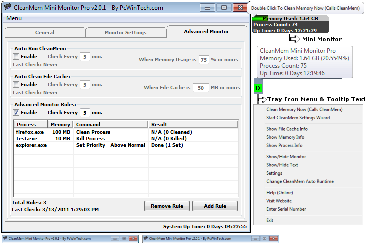 Screenshot showing various sections of CleanMem software