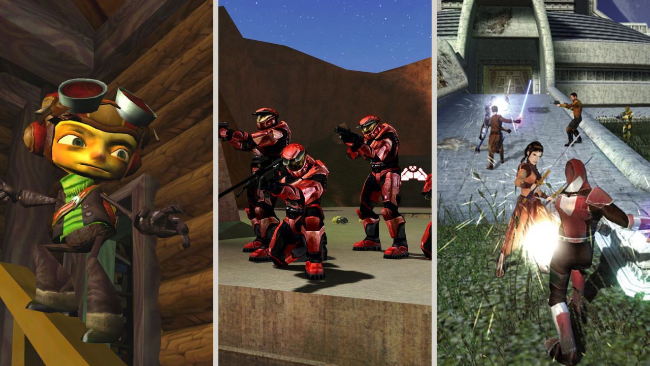 collage of the best original xbox games, including Psychonauts, Halo, and Star Wars Knights of the Old Republic