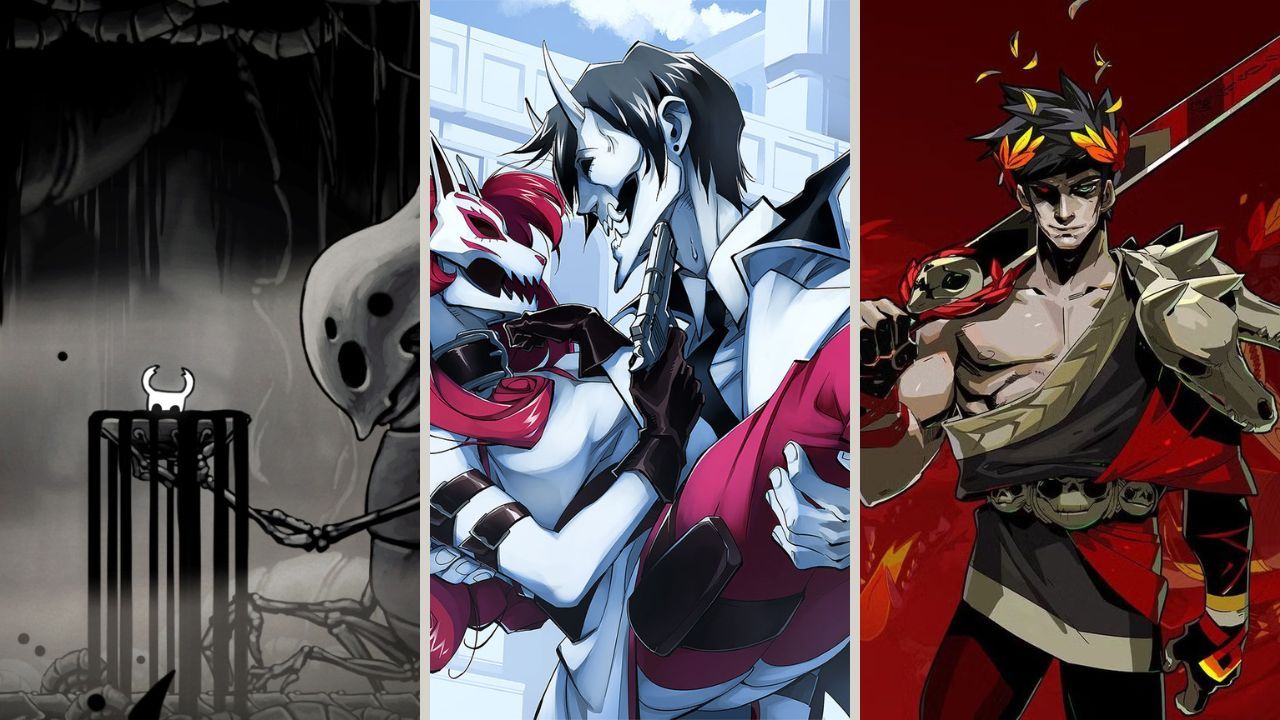 a collage of indie games that should get 120 fps modes on Switch 2, including Hollowknight, Hades, and Neon White