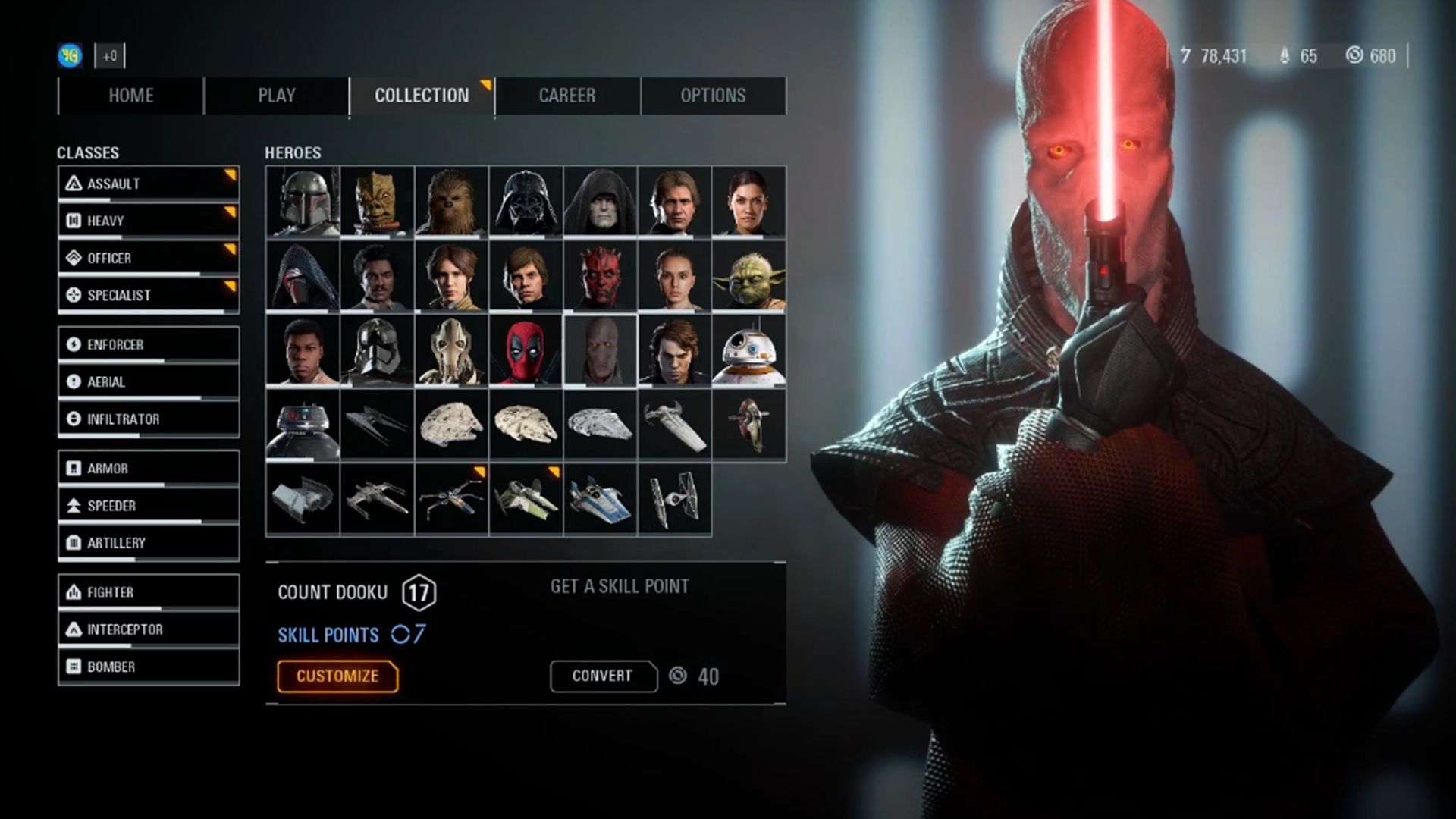 A screenshot of a Darth Plagueis mod in Star Wars Battlefront 2