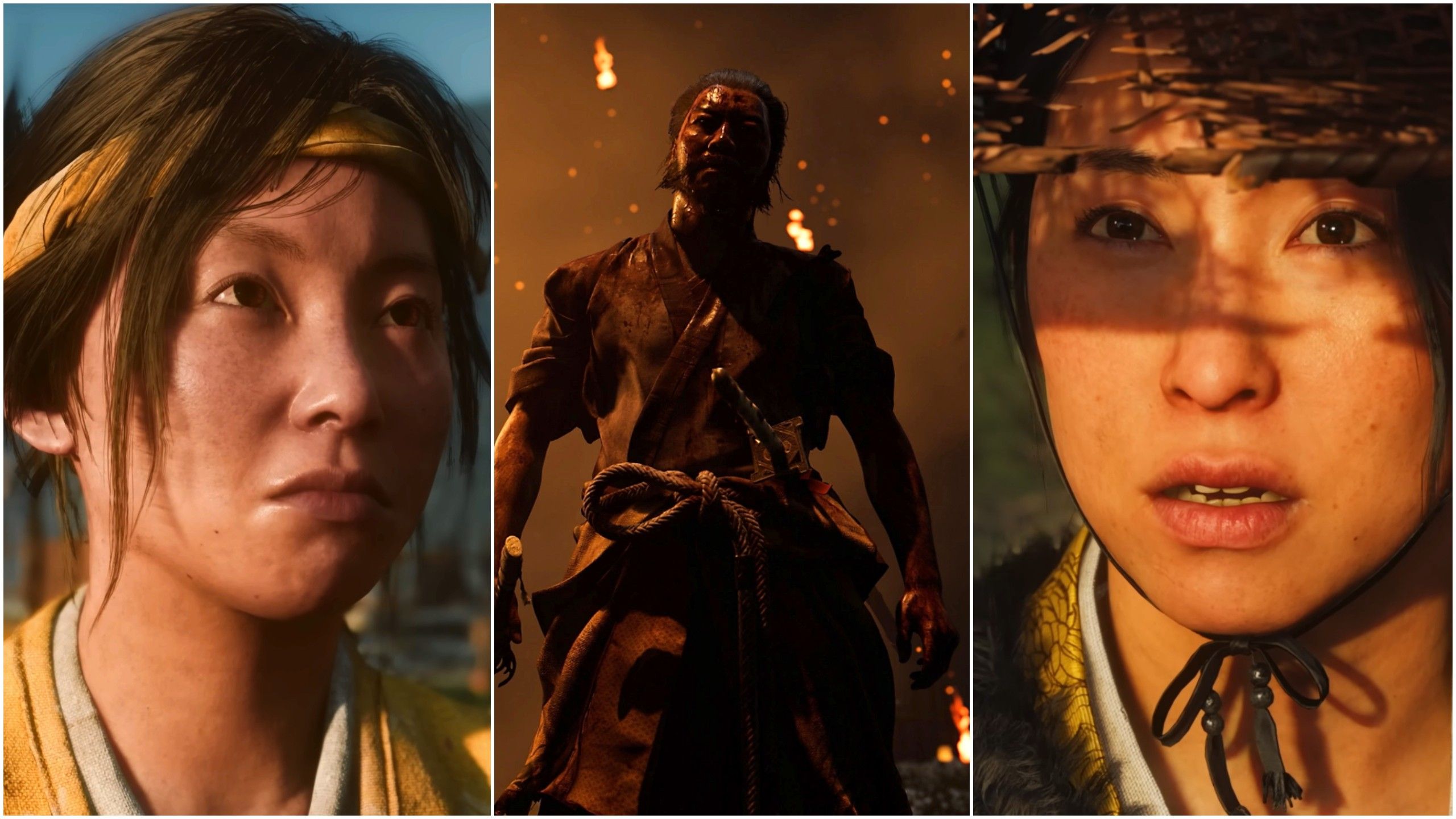 Images of Atsu and a mercenary from Ghost of Yotei.