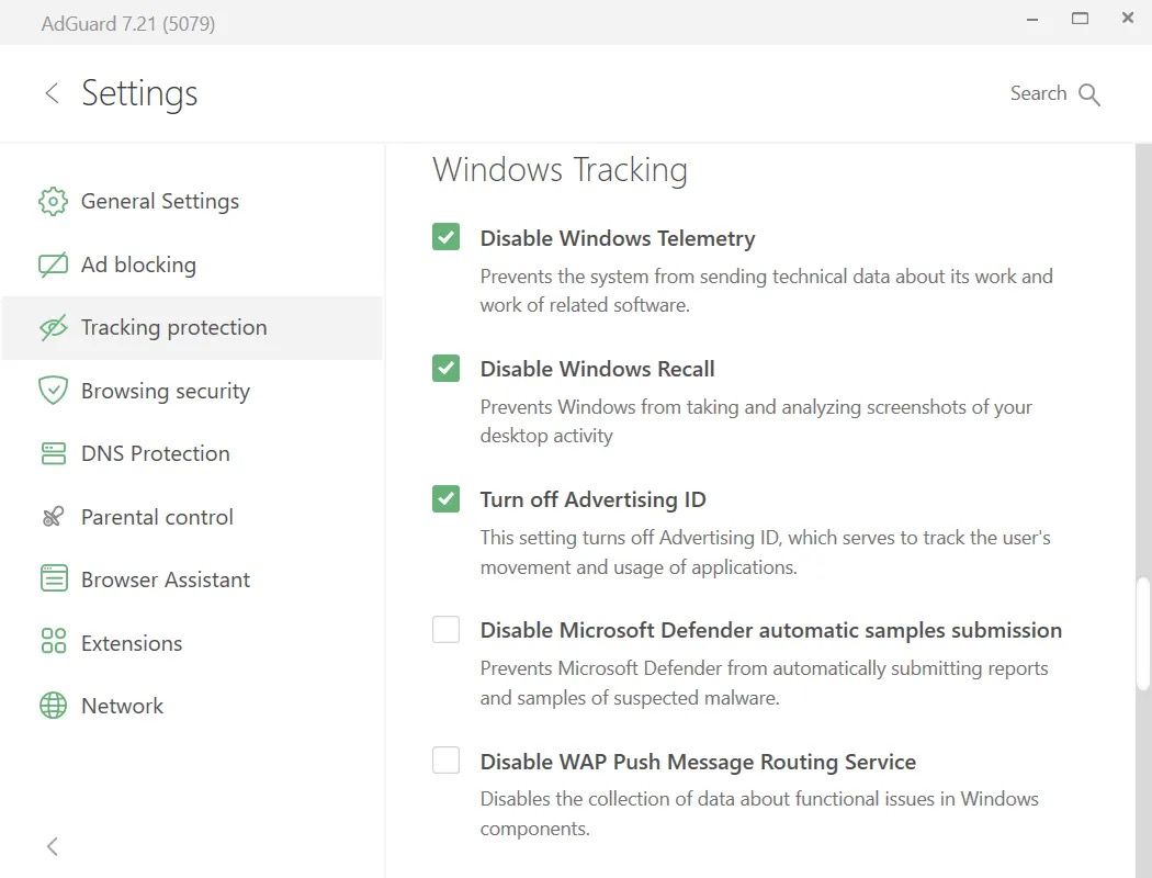 Windows Tracking settings in AdGuard