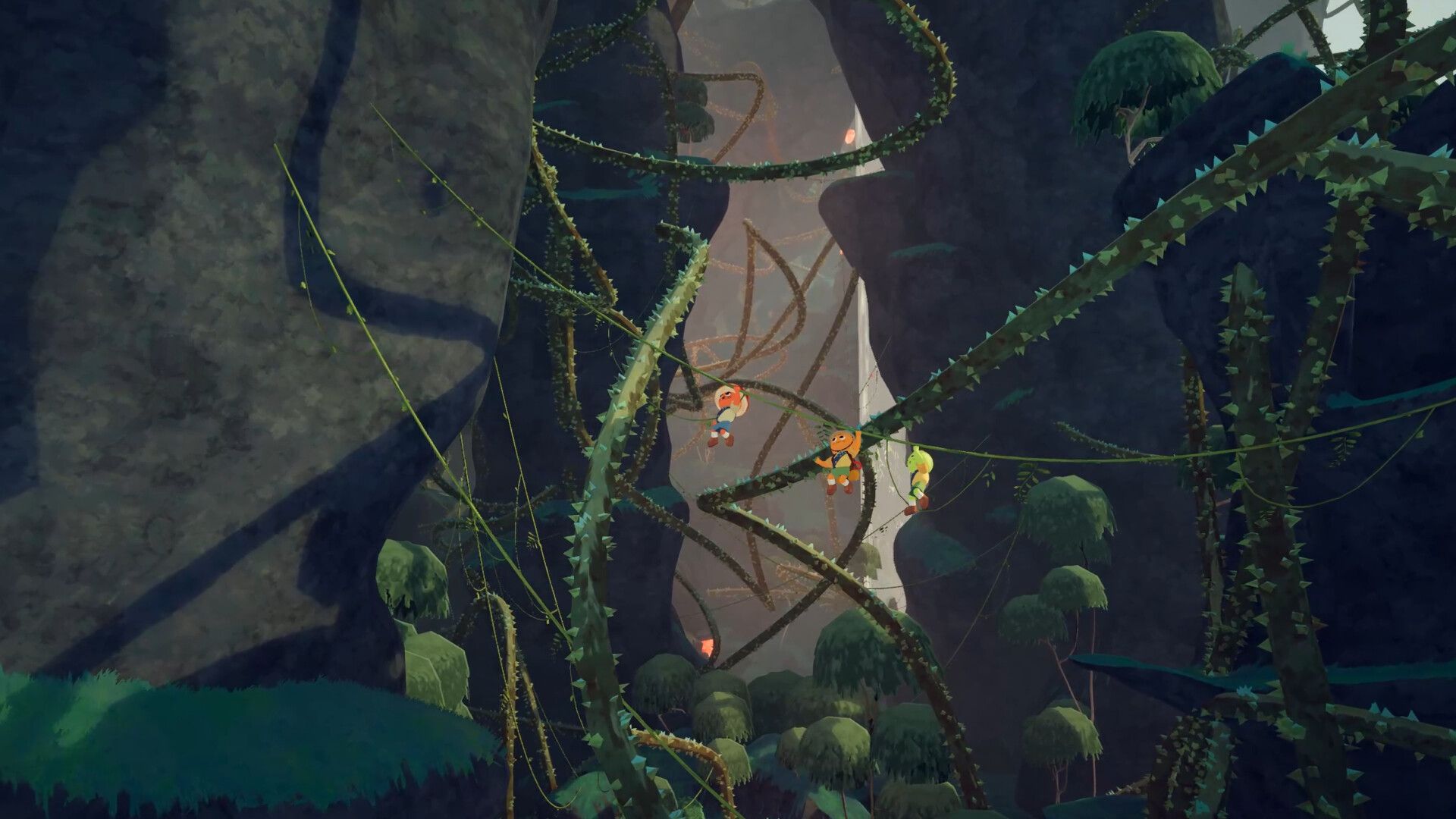 peak climbing across vines in a forest