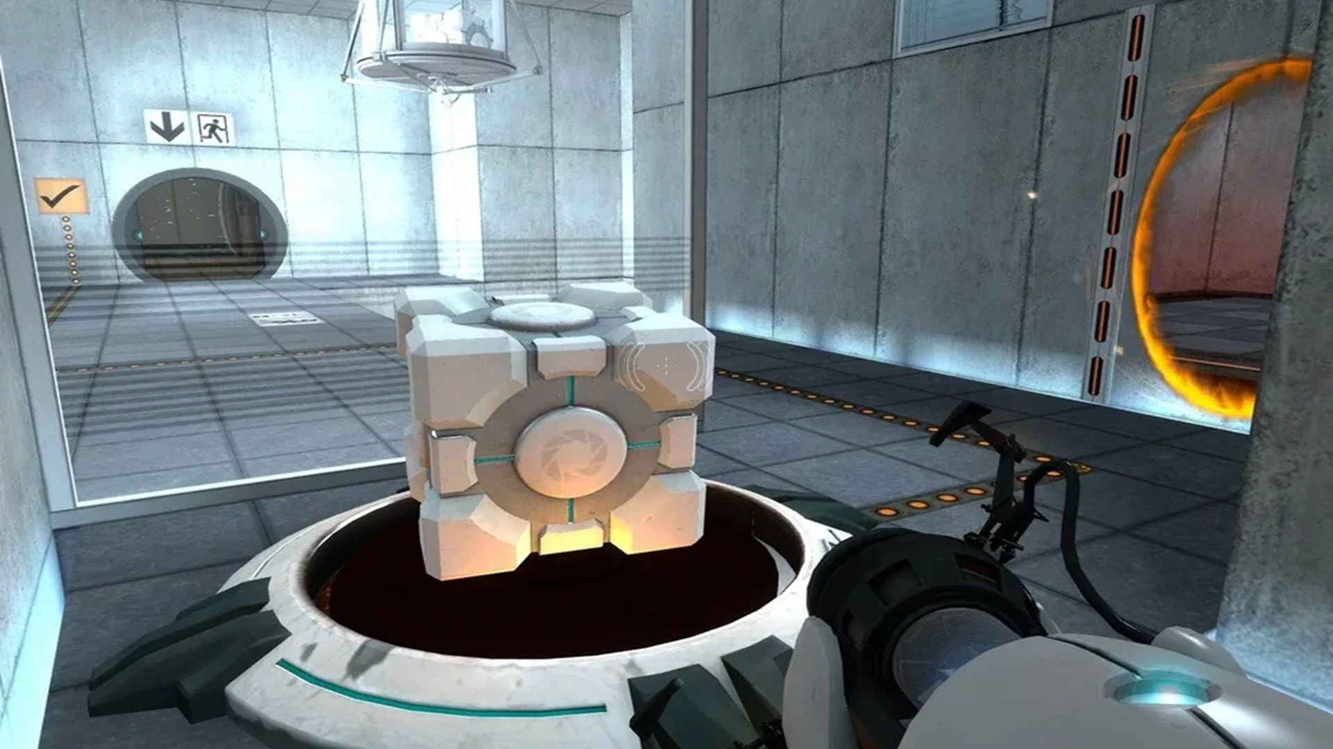 A screenshot of a cube and portal being made in Portal
