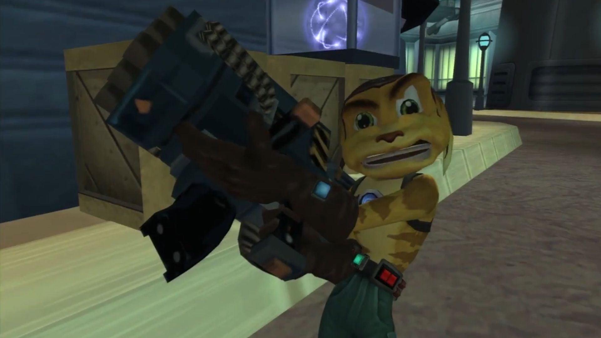 A screenshot of Ratchet holding the RYNO in Ratchet & Clank