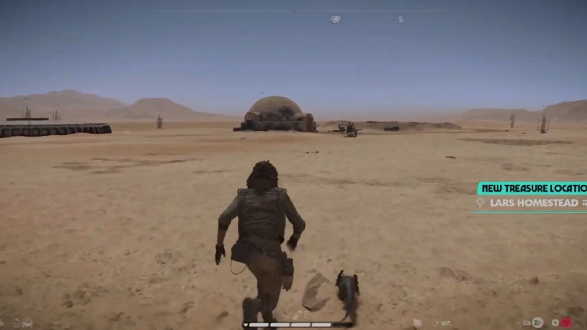 A screenshot of gameplay at the Lars Homestead on Tatooine from Star Wars Outlaws