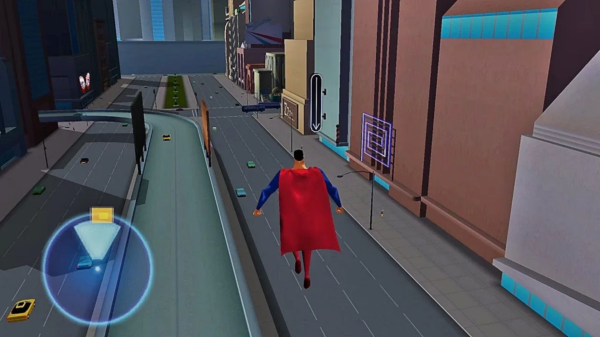 A screenshot of Superman flying in Superman: Shadow of Apokolips