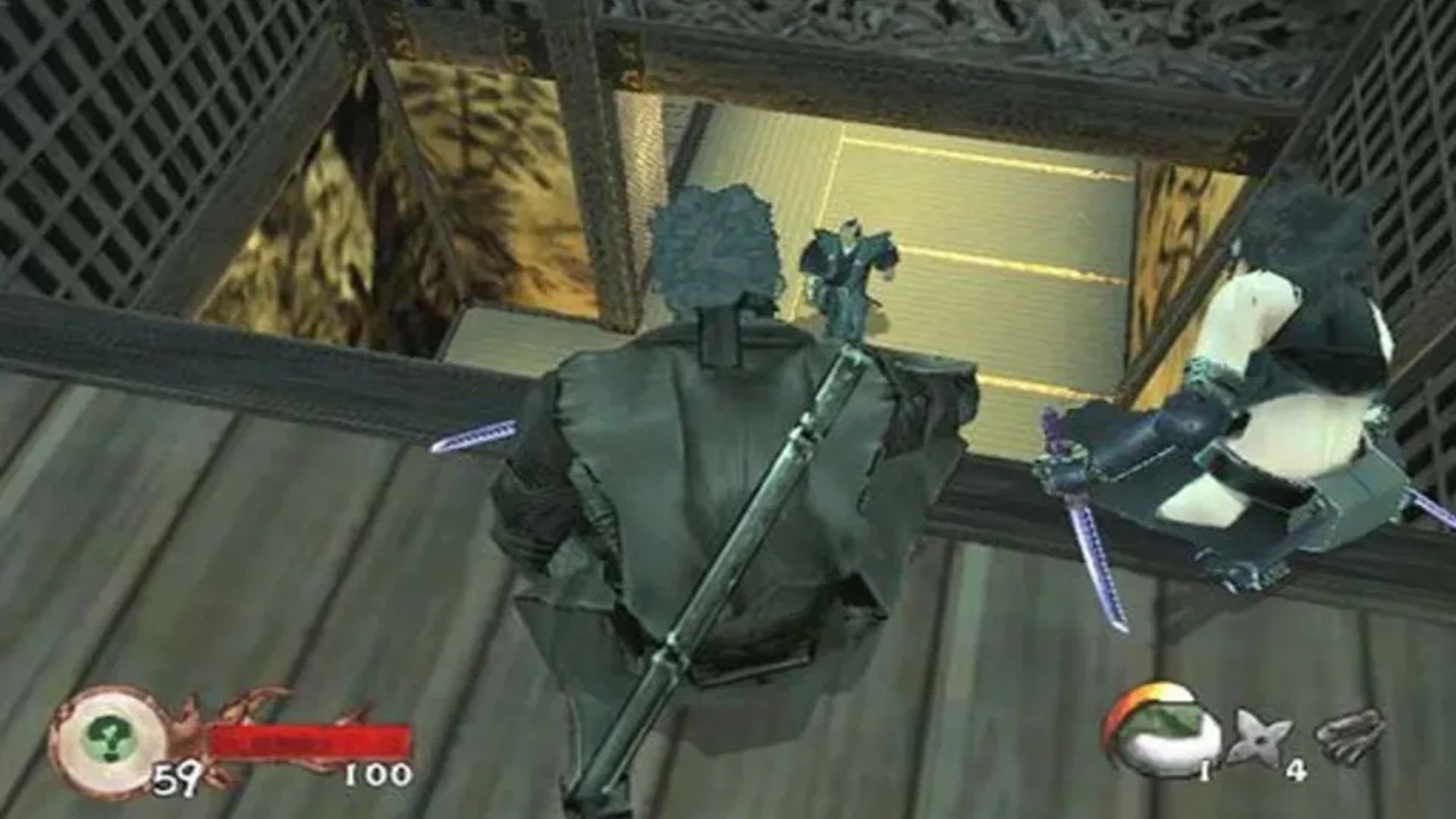 A screenshot two assassins hiding above an enemy in Tenchu: Wrath of Heaven
