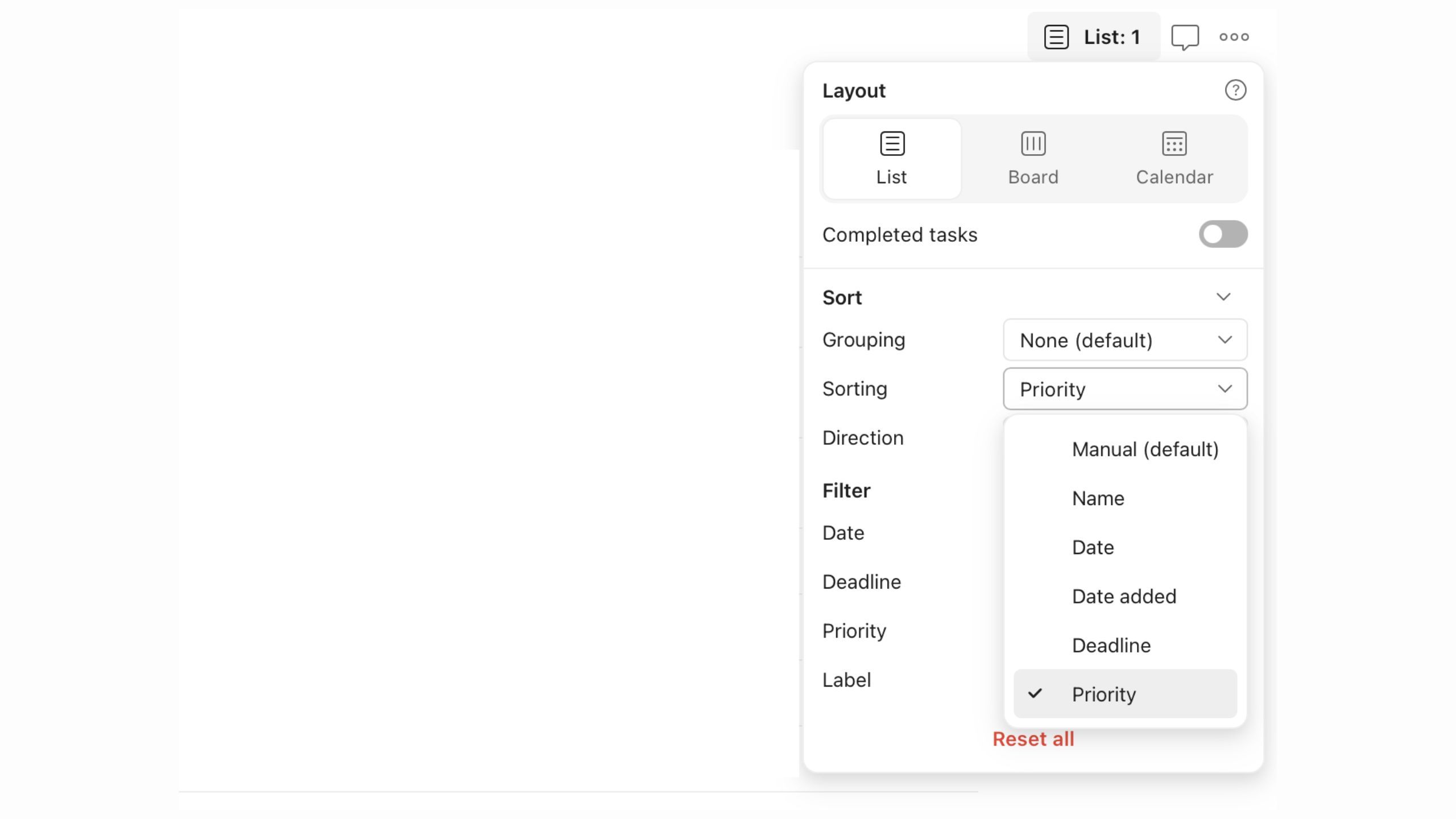 Todoist's Sorting features