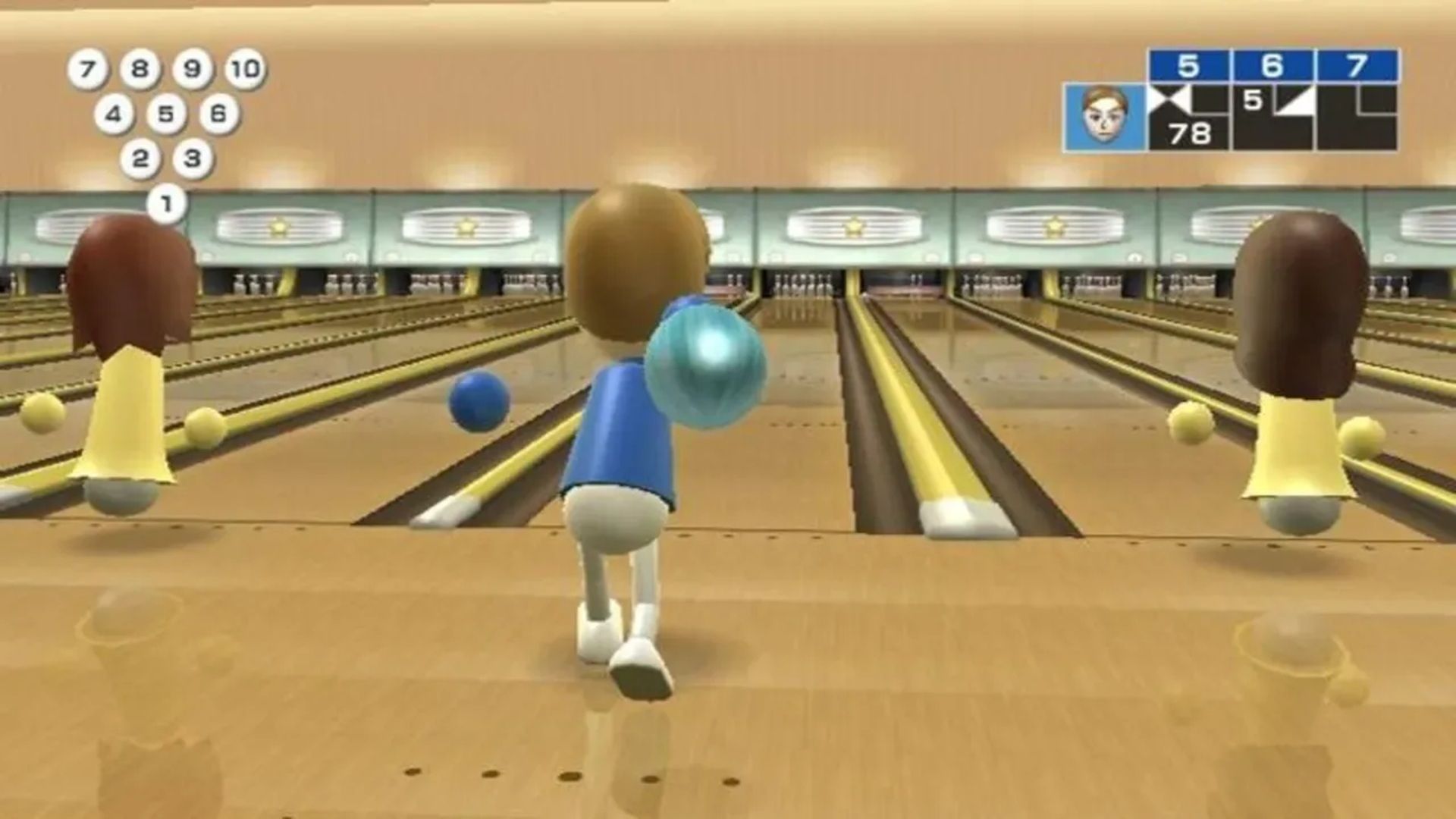 A screenshot of bowling gameplay in Wii Sports