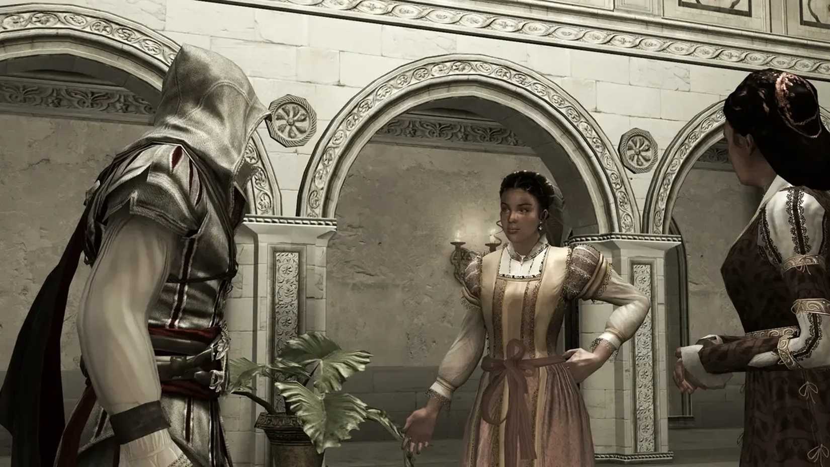 A screenshot of Ezio speaking to locals in Assassin's Creed 2