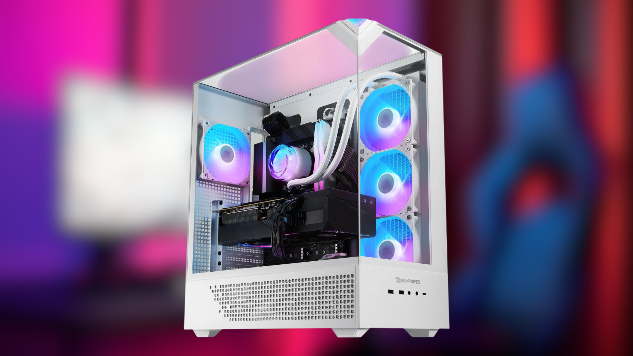 The image shows a modern desktop computer tower with a transparent side panel, revealing the internal components. Inside, there are four cooling fans illuminated with blue and purple LED lights-three positioned vertically on the front panel and one at the back. White liquid cooling tubes connect to a circular cooler mounted on the CPU, and the overall build features black and white hardware accents within a sleek white case.