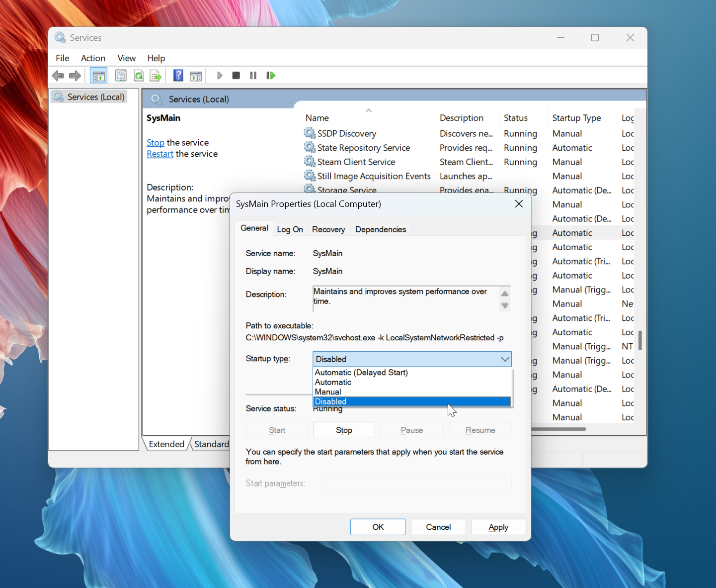 A screenshot of the services console in Windows 11, showing the disabling of Sysmain