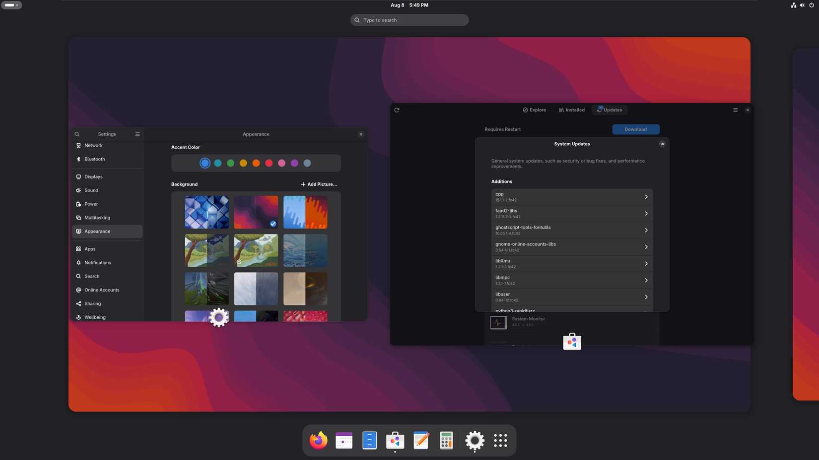 Fedora Silverblue desktop with the System Software tab open