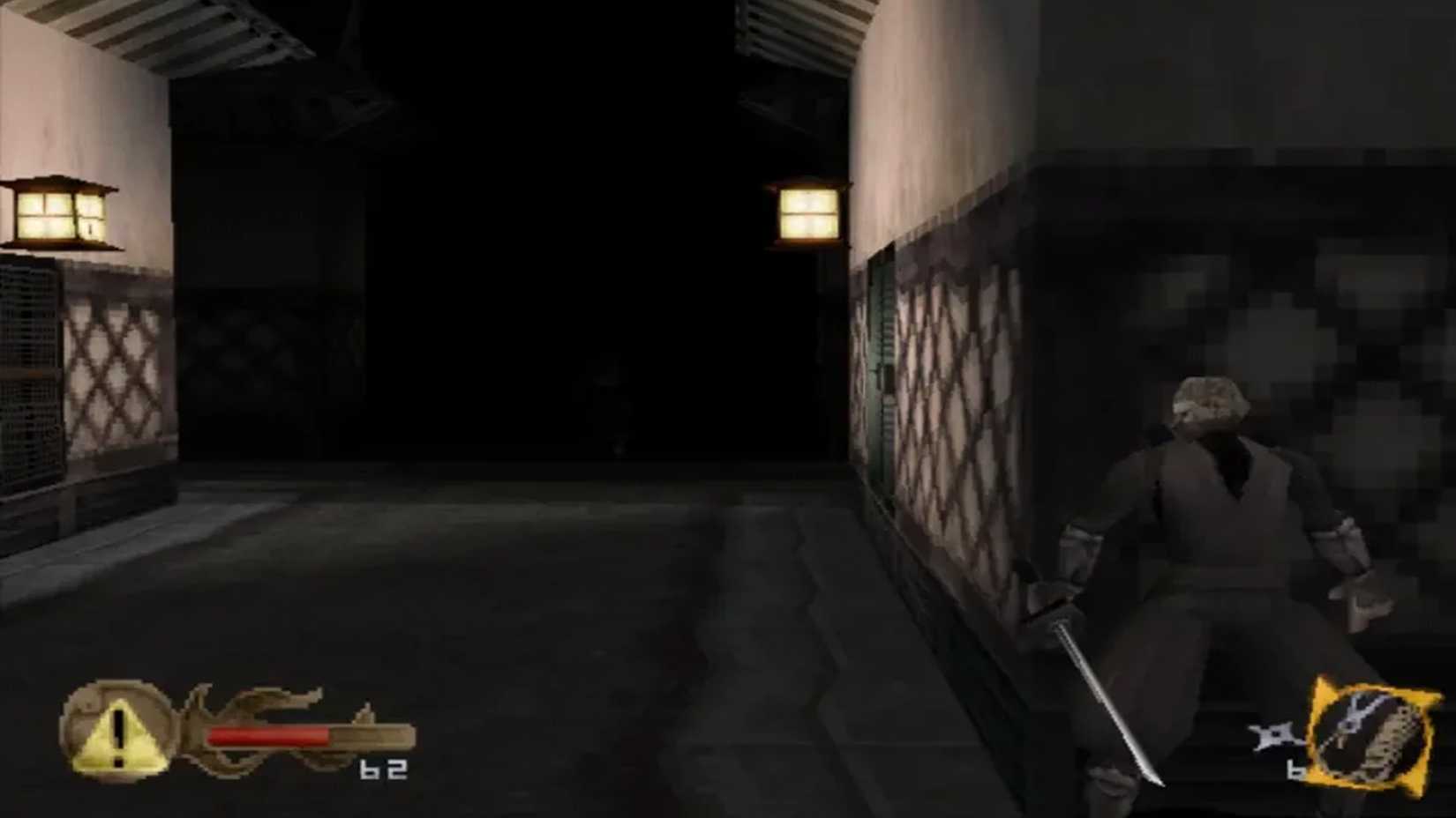 A screenshot of a ninja hiding behind a wall in Tenchu: Stealth Assassins