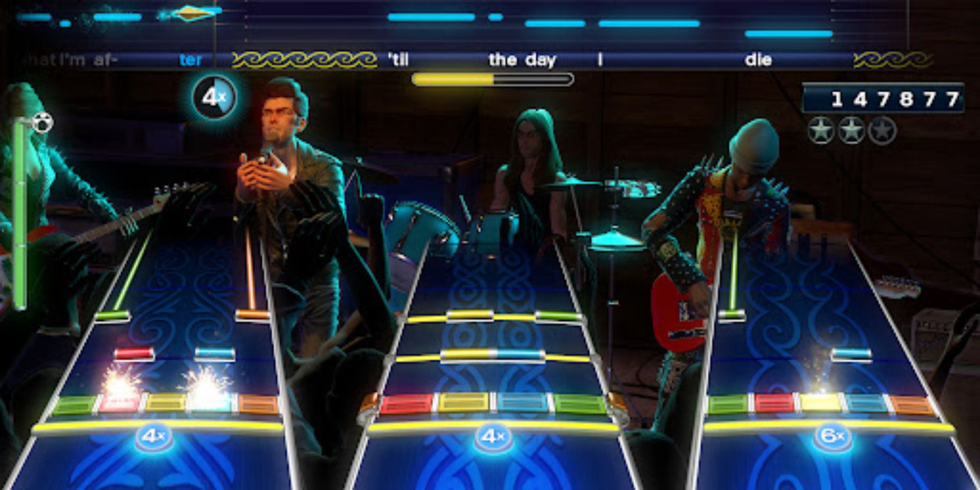 A screenshot of a full band during gameplay in Rock band 4