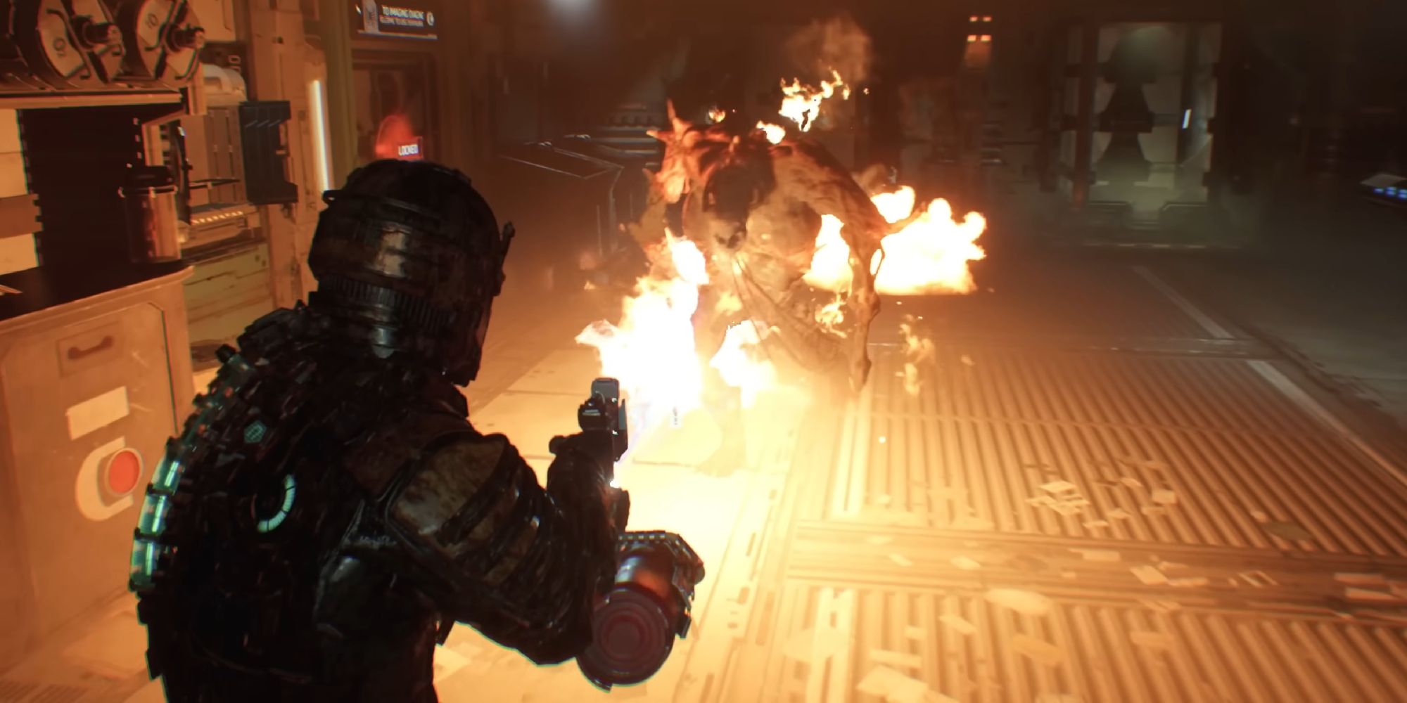 Isaac burning a necromorph with a flamethrower