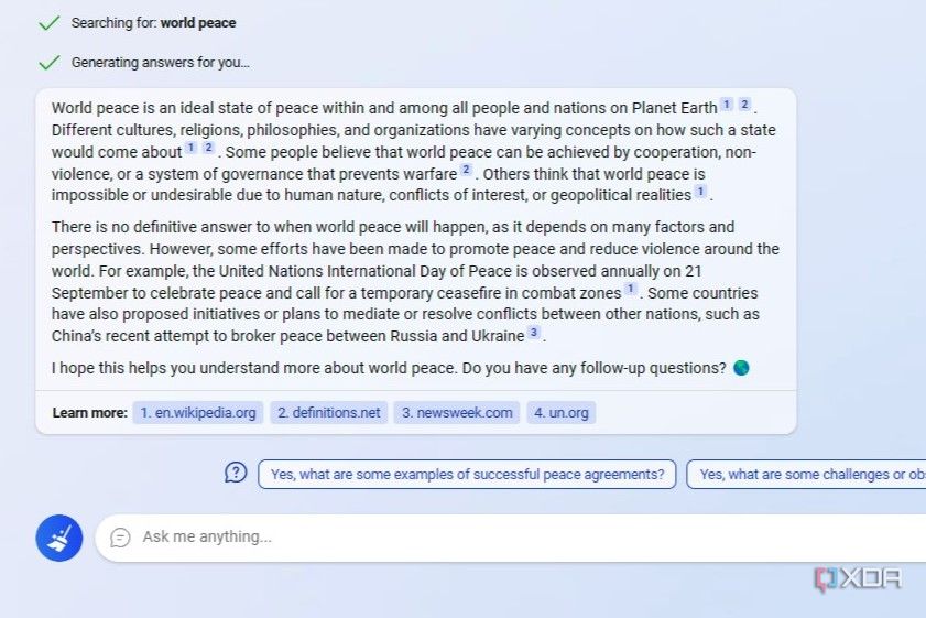 Asking Bing about world peace
