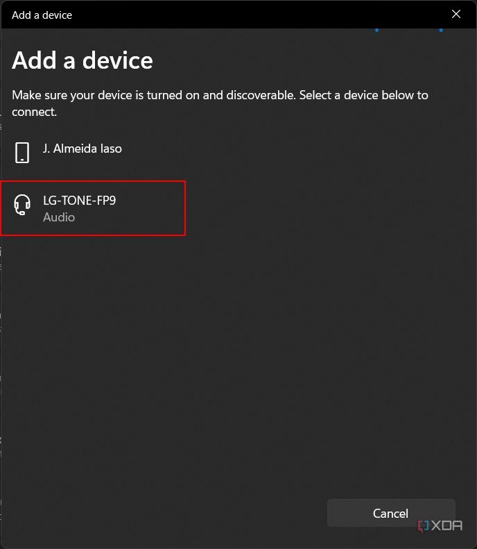 Captura de pantalla de la lista de dispositivos Bluetooth en Windows 11