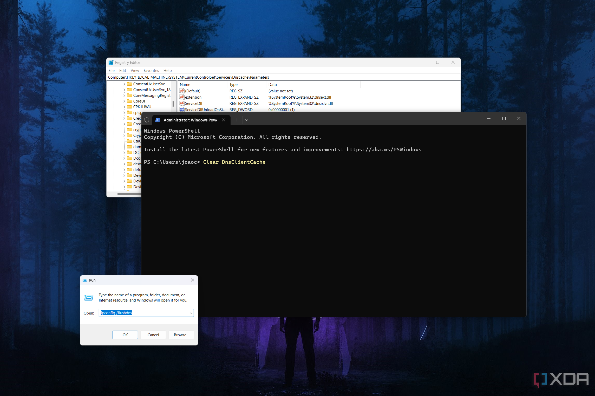 Screenshot of Windows Terminal, Registry Editor, and the Run dialog on a Windows 11 desktop with commands to clear the DNS cache