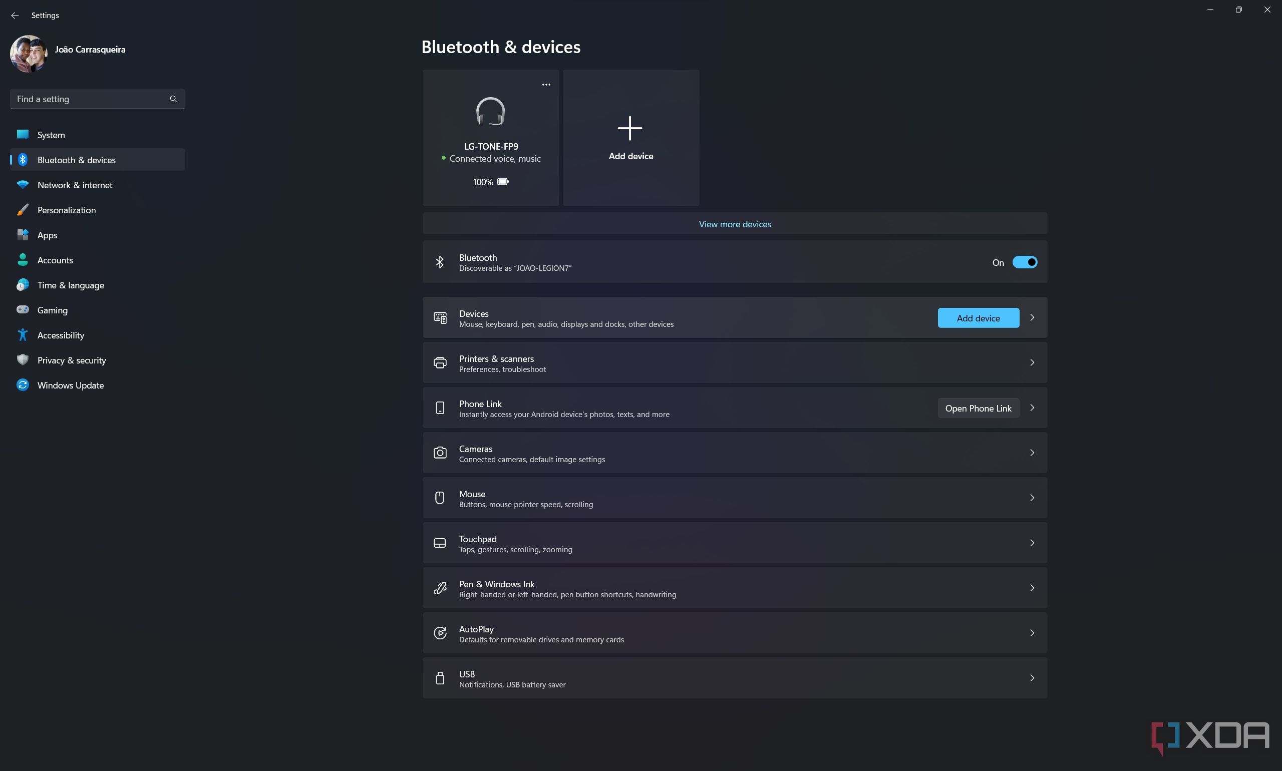 Captura de pantalla de los dispositivos conectados en la aplicación Configuración de Windows 11