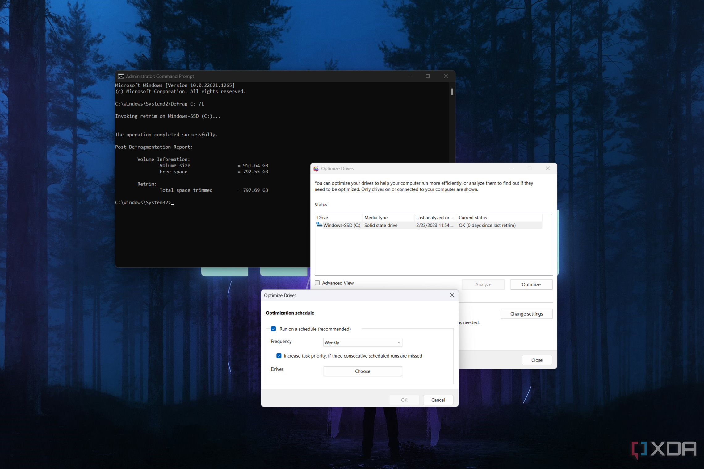 Screenshot of the disk optimization tool and COmmand Prompt running a defragmentation command