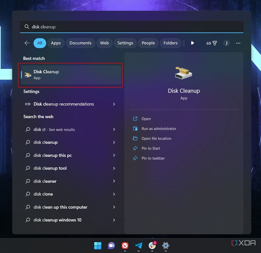 Screenshot of the Windows search interface showing Disk Cleanup as the top result