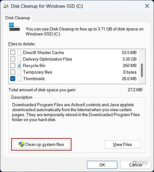 Screenshot of Disk Cleanup with the Cleanup system files button highlighted 