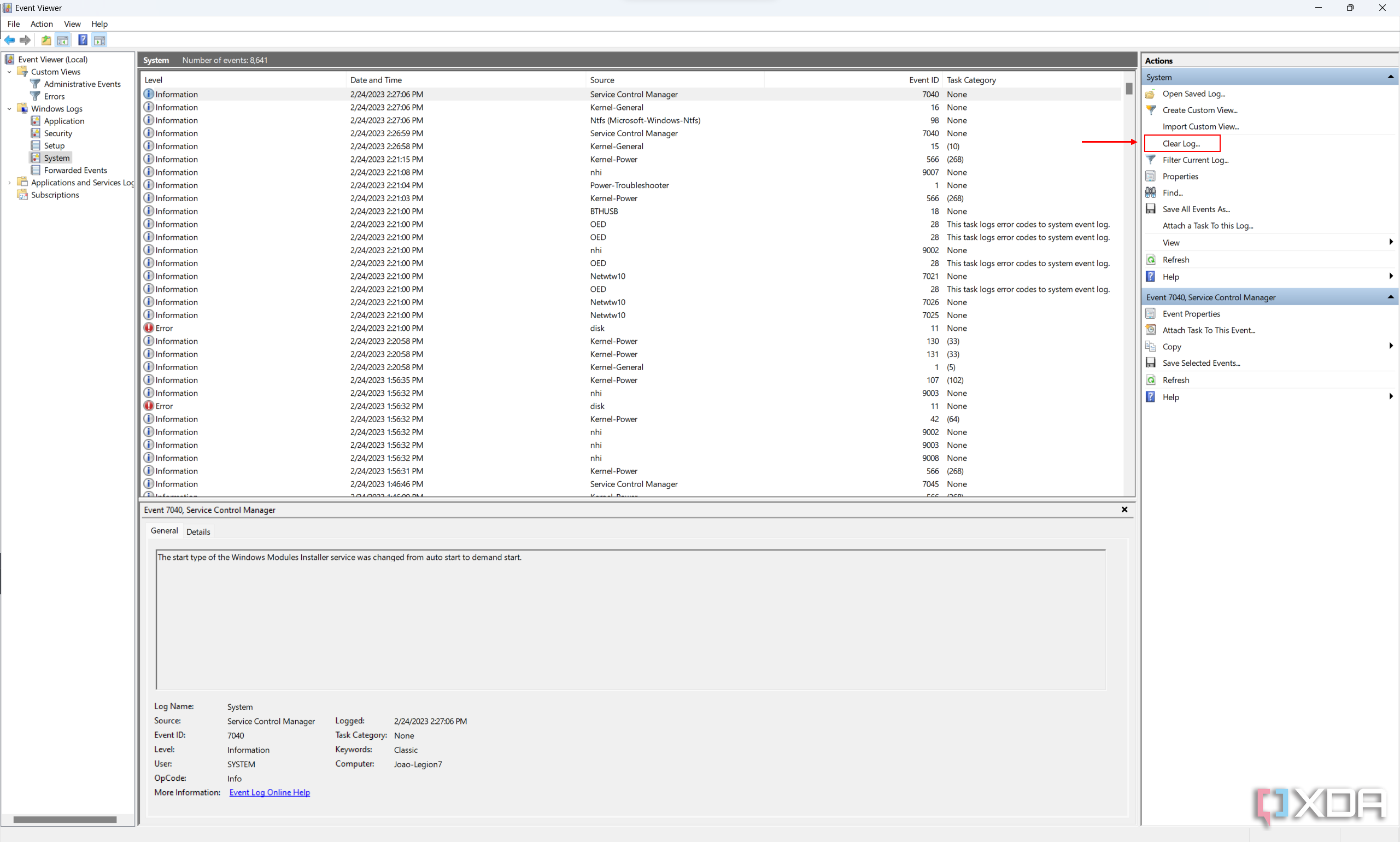 Screenshot of Event Viewer with the option to clear the log highlighted