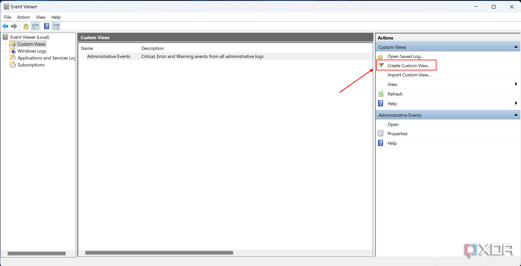 Screenshot of the Custom Views panel in Event Viewer