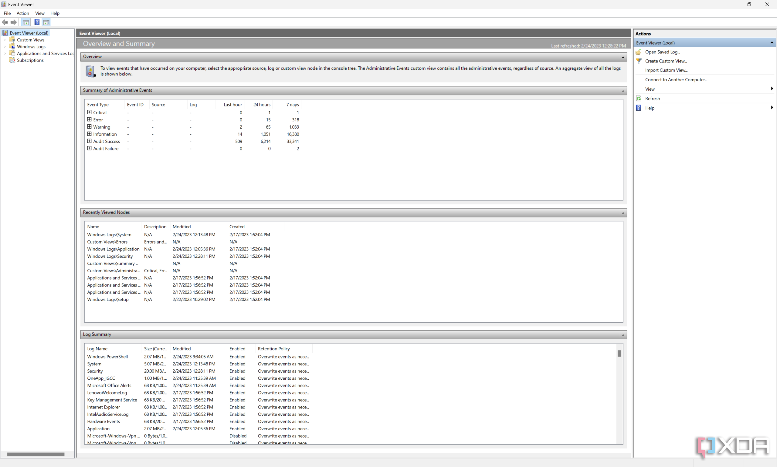 Screenshot of the default view in Event Viewer