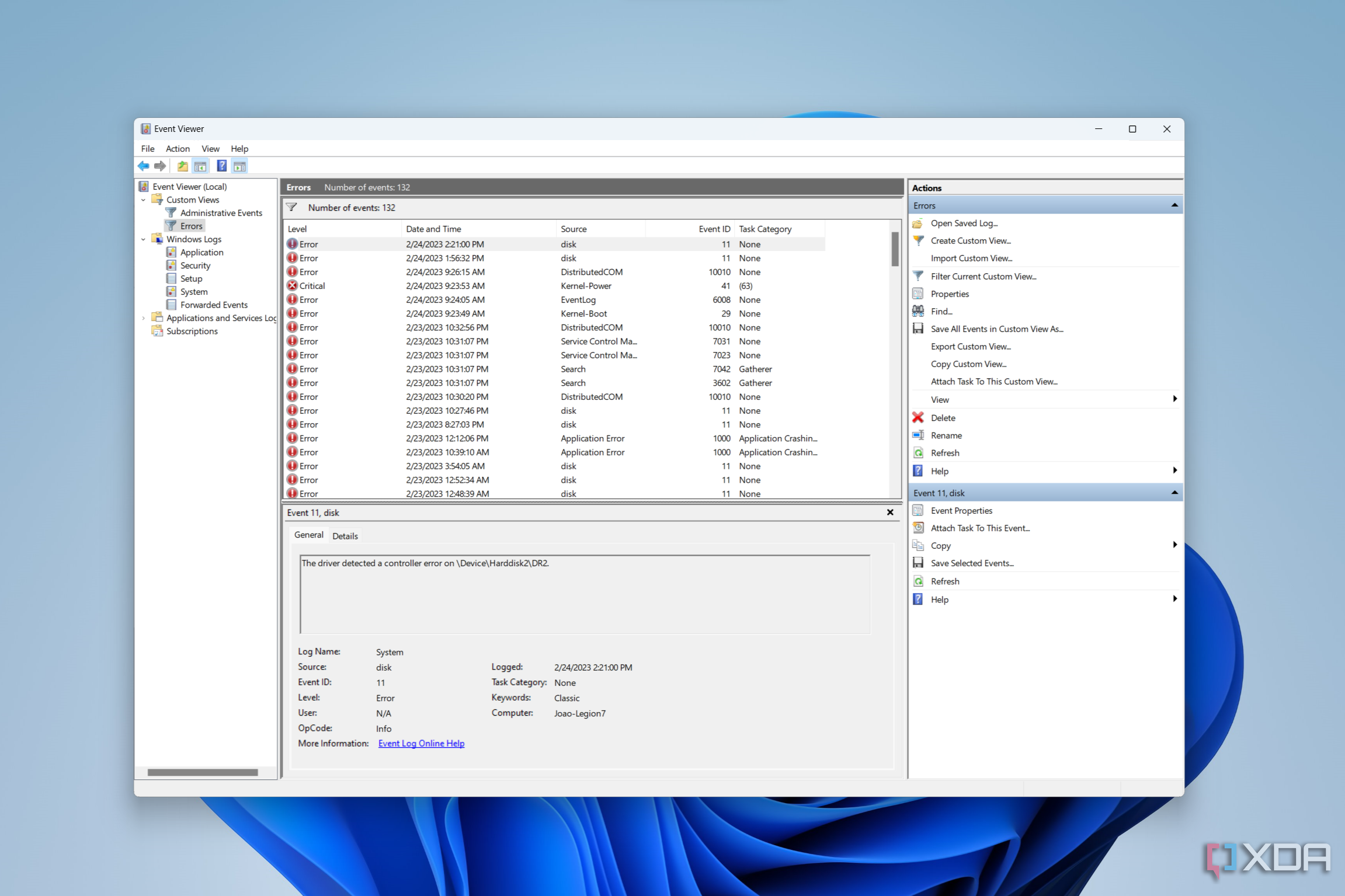 Screenshot of the Event Viewer over the Windows 11 desktop