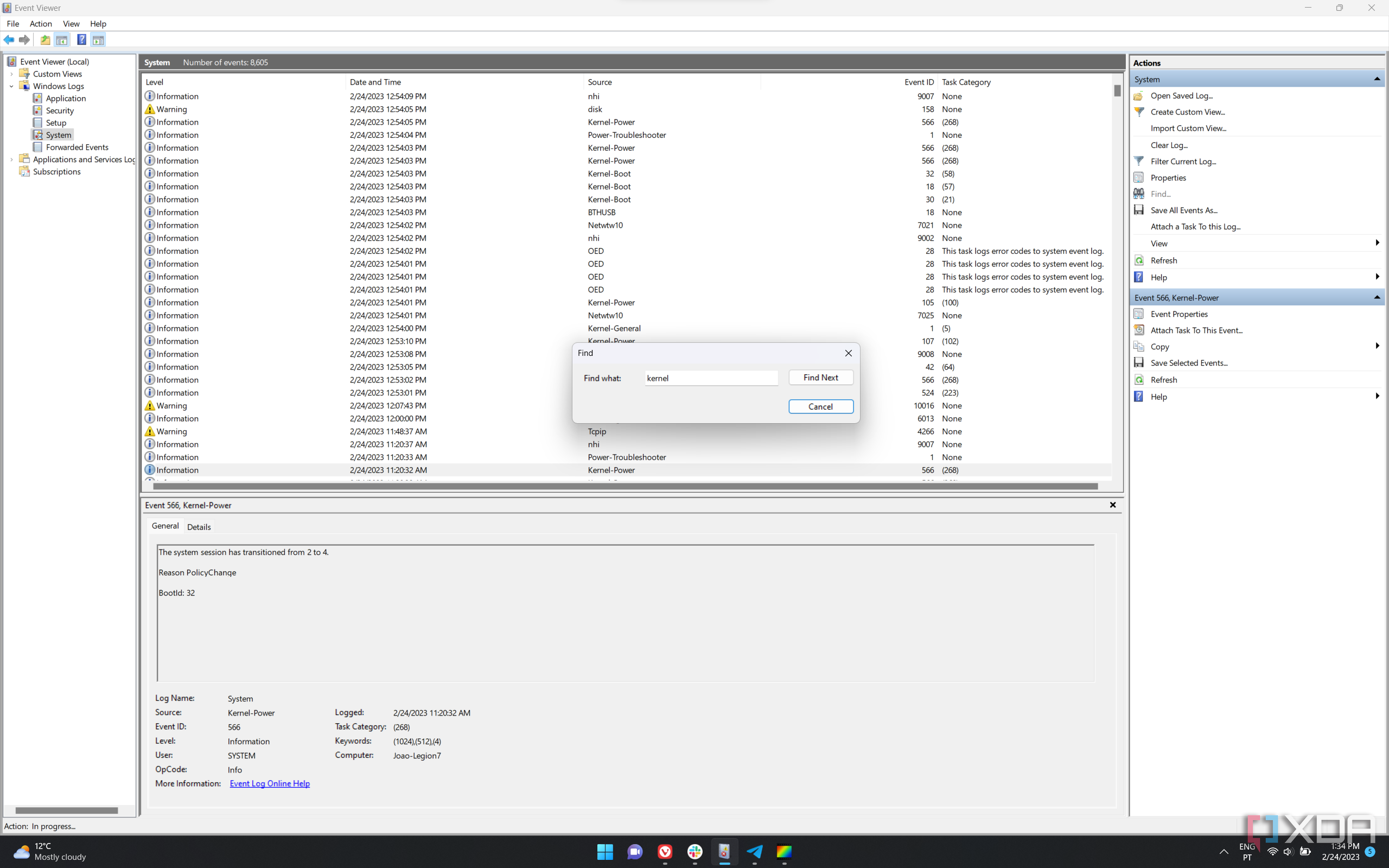 Screenshot of the Event Viewer Find window