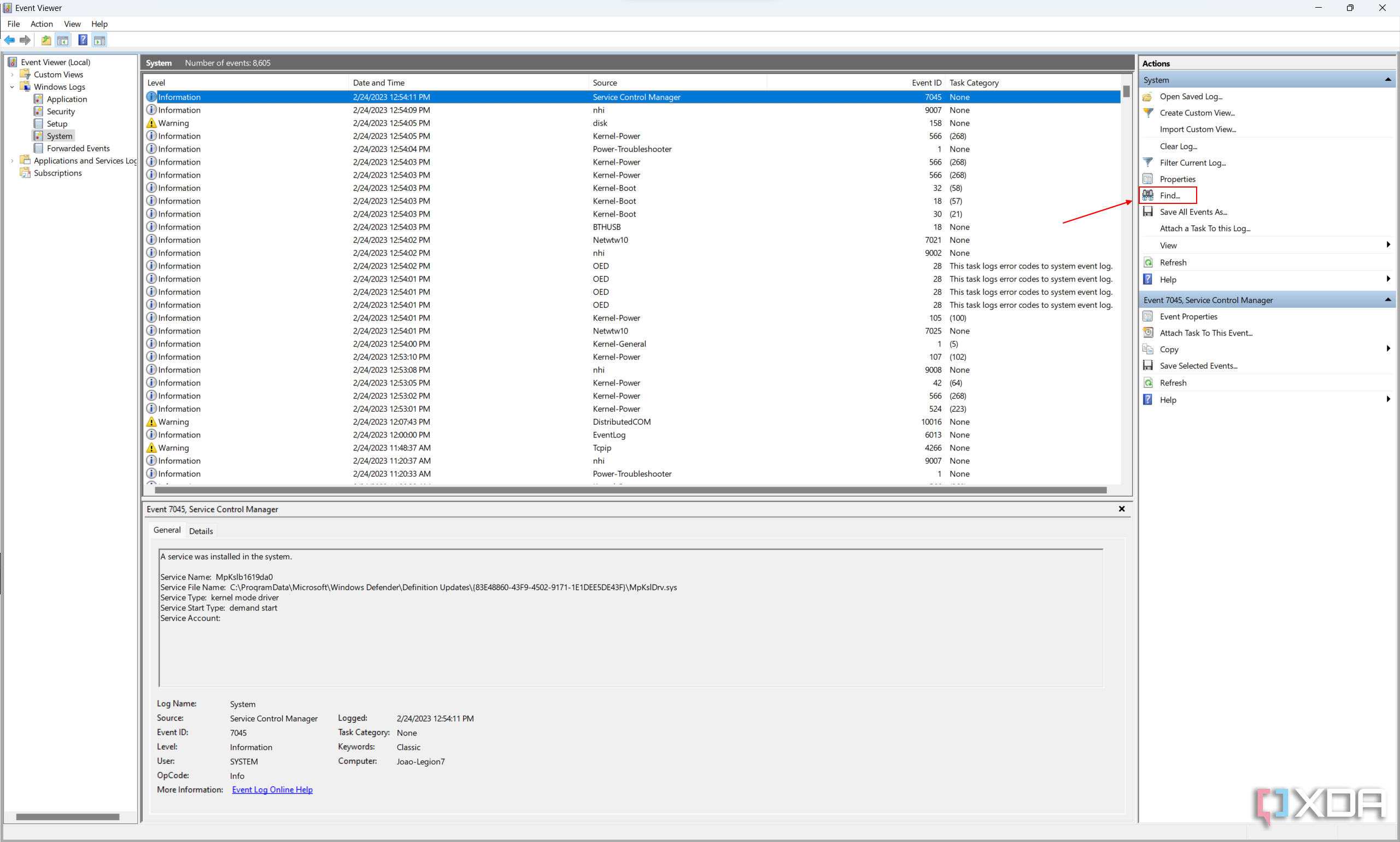Screenshot of the System log in Event Viewer with the Find option highlighted