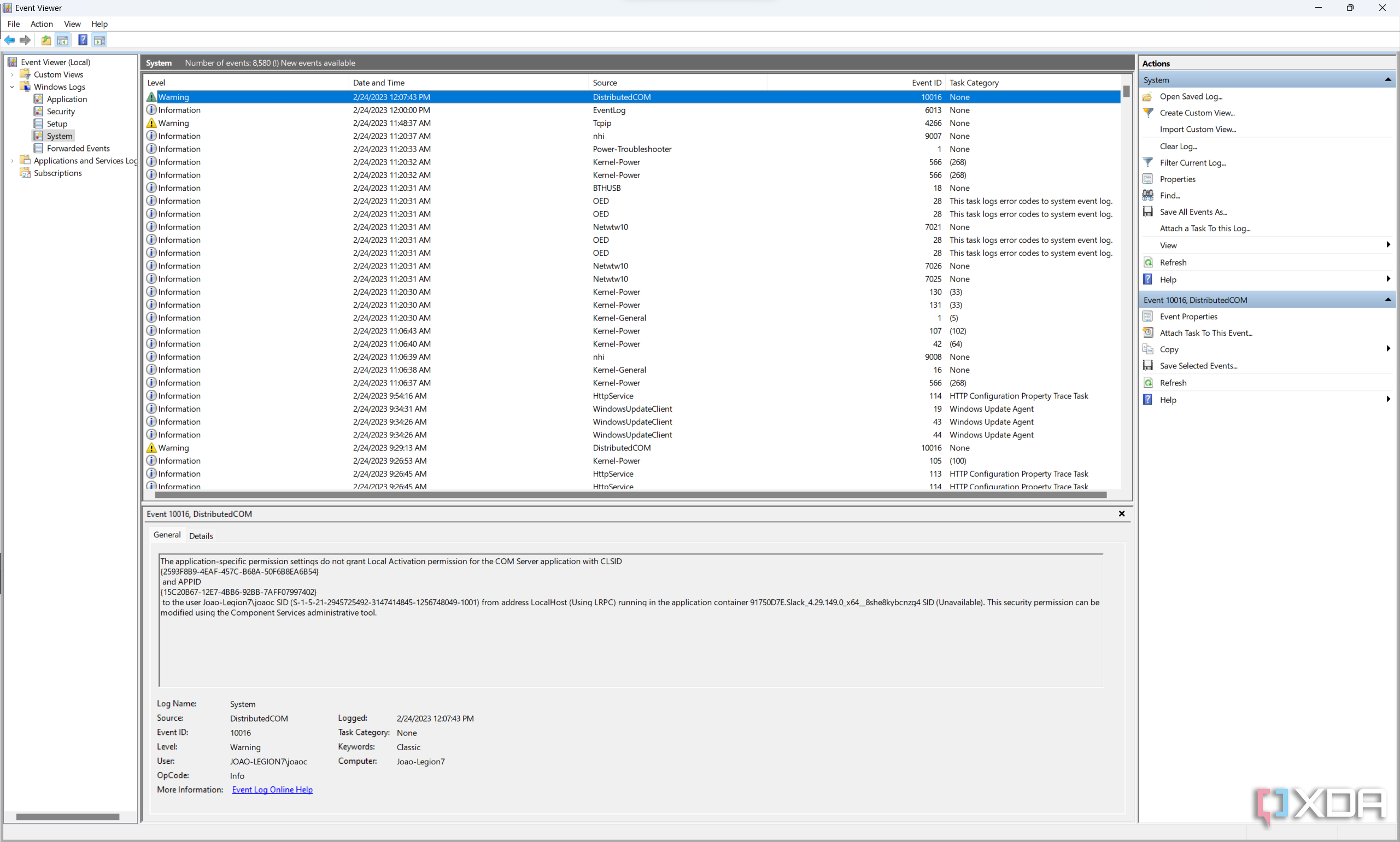 Screenshot of the System log in Event Viewer