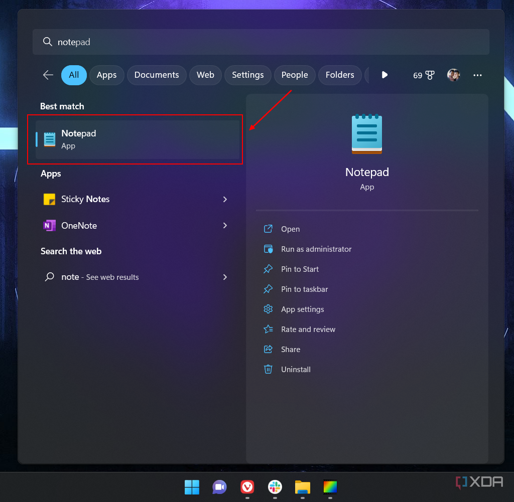 Captura de pantalla de la búsqueda de Windows 11 que muestra el Bloc de notas en los resultados de búsqueda