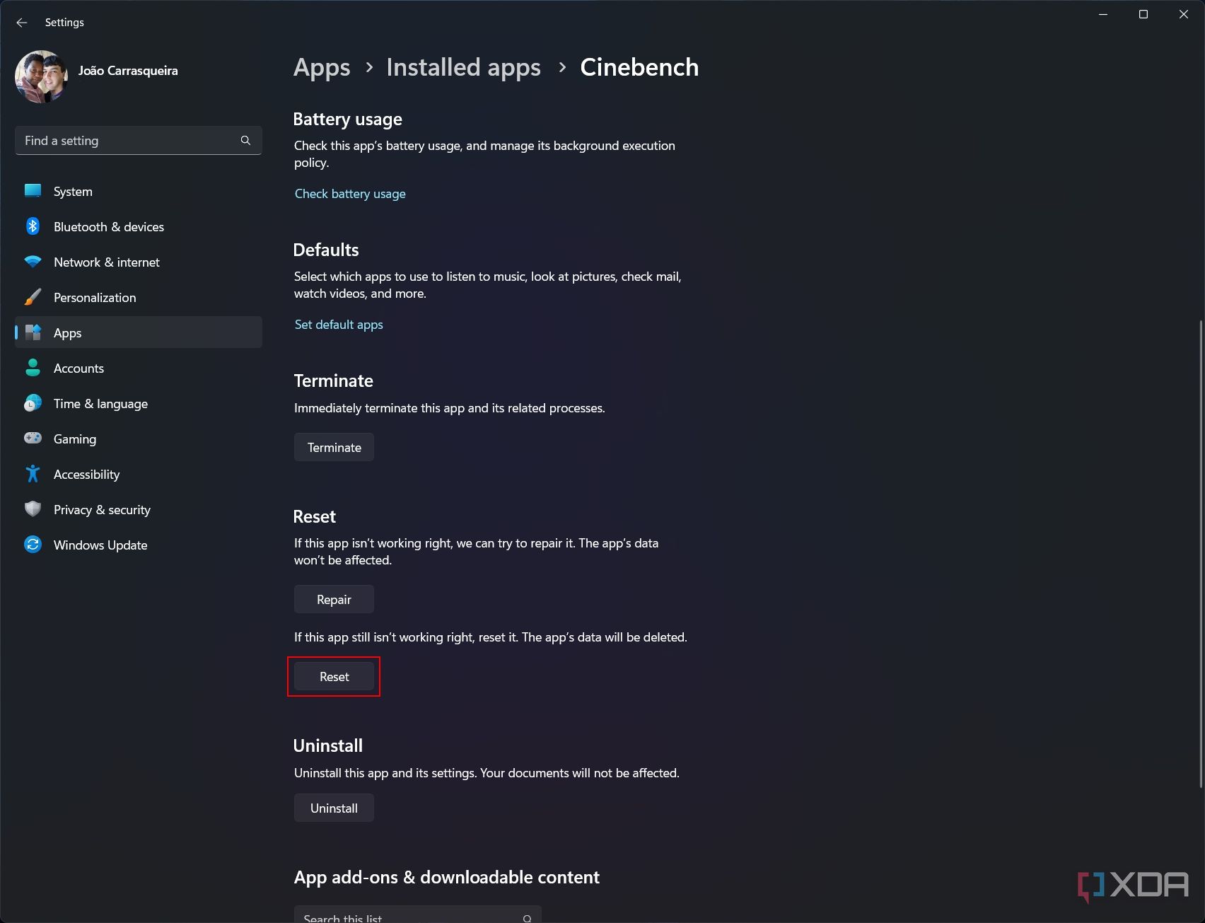 Screenshot of the Windows 11 advanced app options with the Reset button highlighted